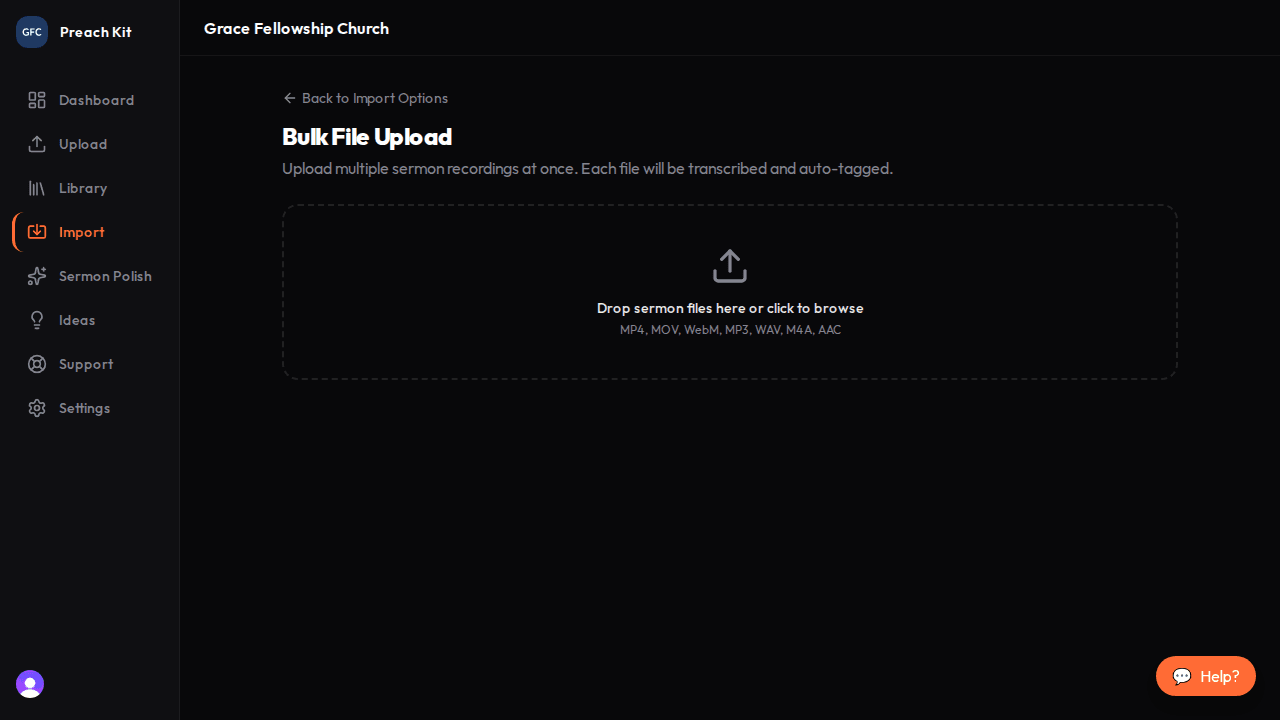 The bulk import page with a dashed drop zone and a note listing accepted file types