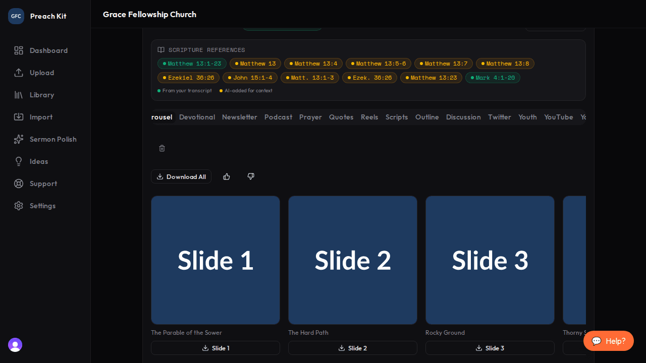 Carousel slides displayed as individual cards with title and body text