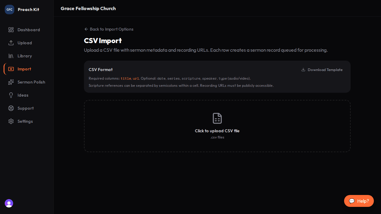 The CSV Import page showing a format description and a dashed upload area