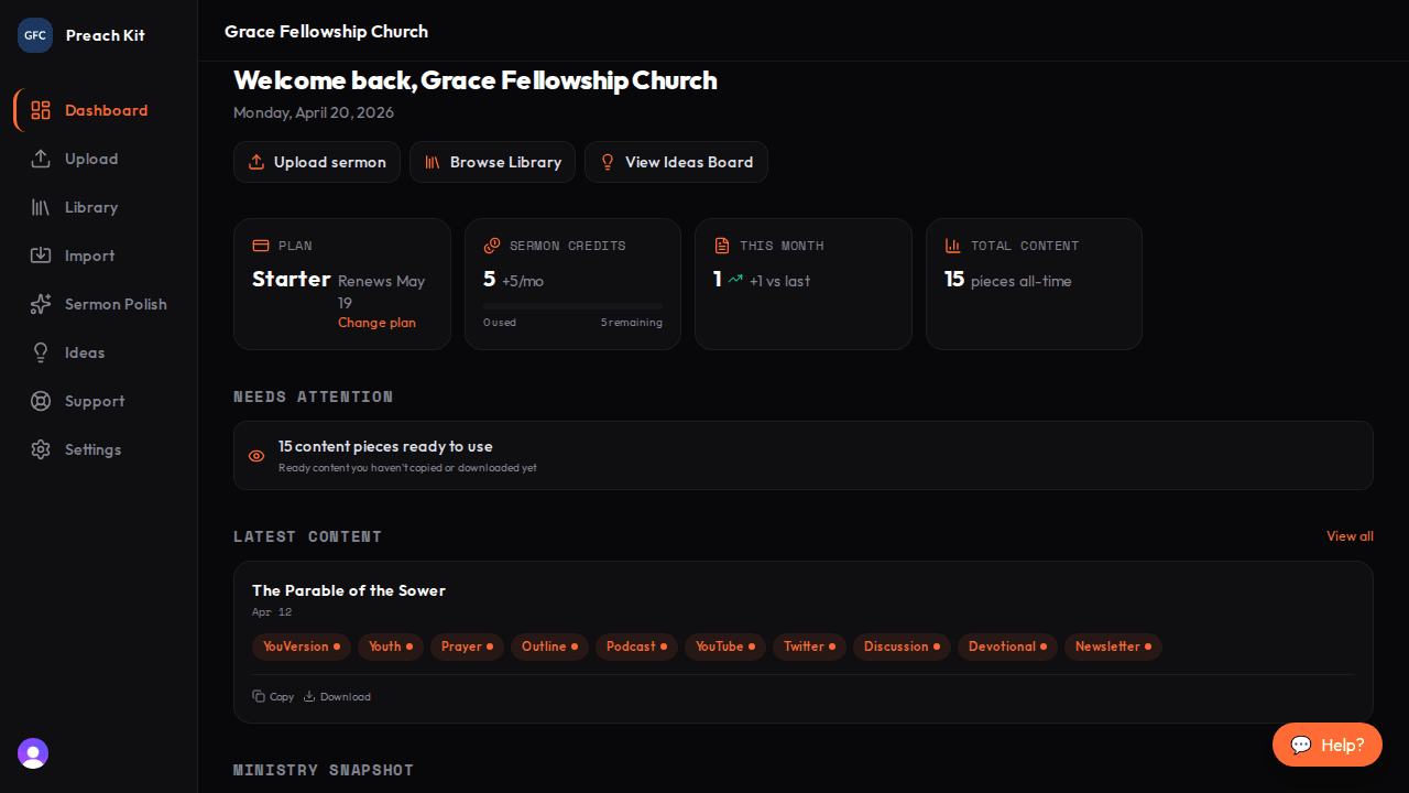 The dashboard welcome bar showing a greeting, today's date, and four quick action buttons