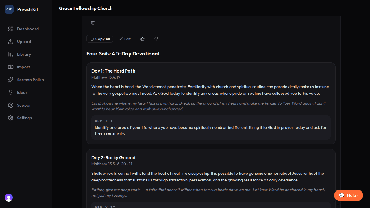 Devotional viewer showing day sections with scripture, reflection, prayer, and application