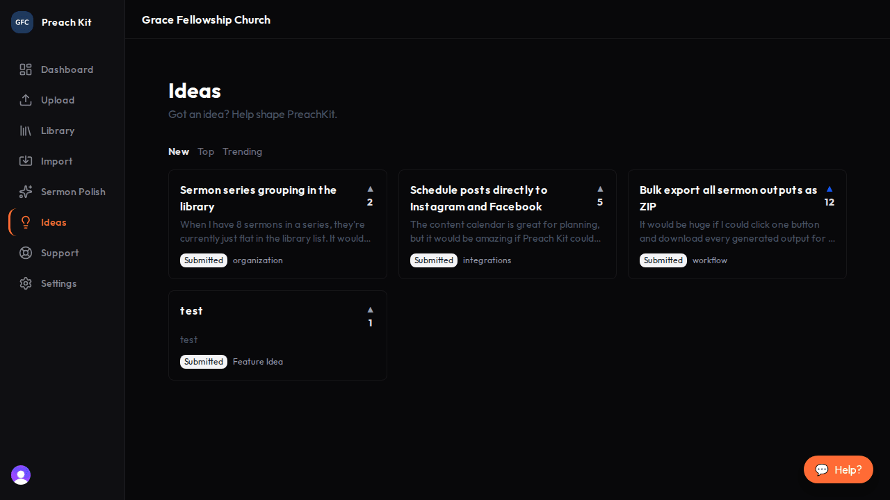 The Ideas board showing a grid of idea cards with titles, descriptions, status chips, and vote counts