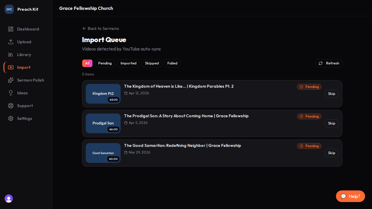 The Import Queue page showing a list of YouTube video cards with status badges