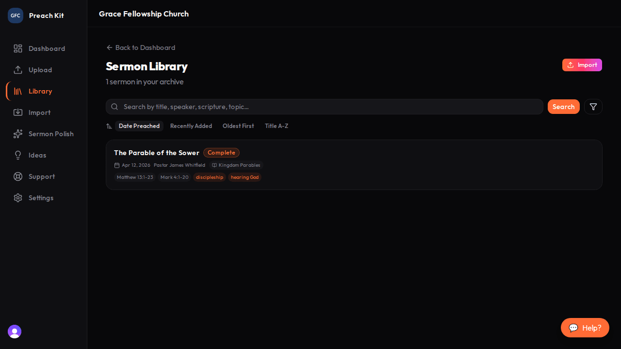The Sermon Library page showing a list of sermon cards