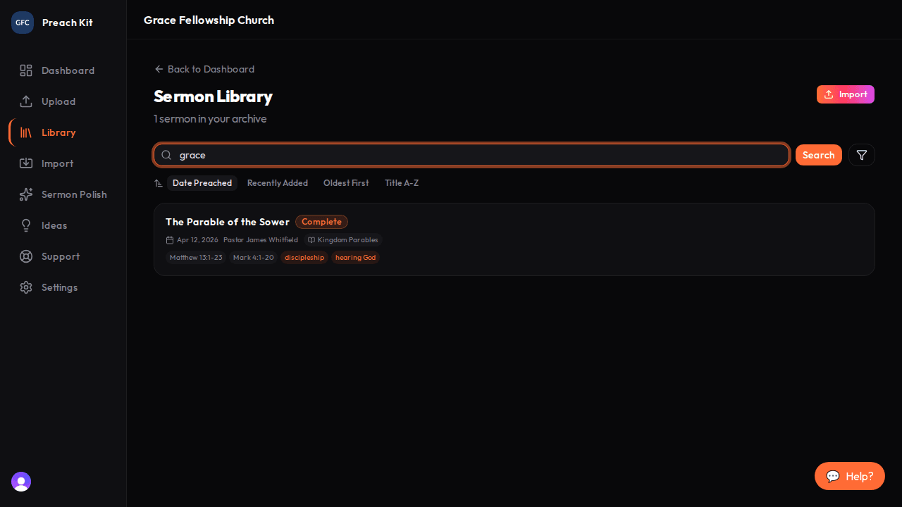 The search bar at the top of the Sermon Library with a query typed in
