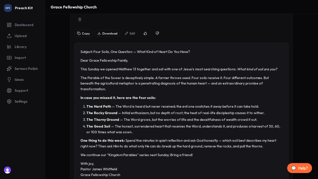 The newsletter draft showing subject line, preview text, and body sections