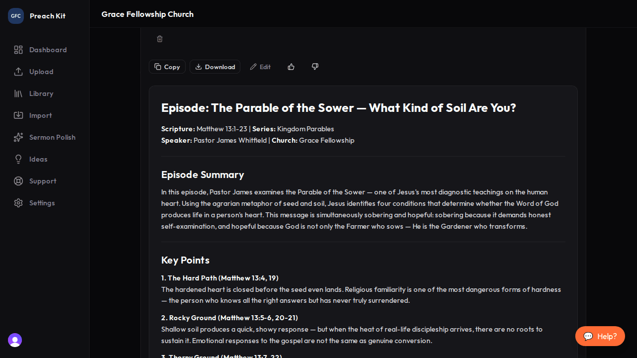 Podcast show notes with titled sections for timestamps, quotes, scriptures, and questions