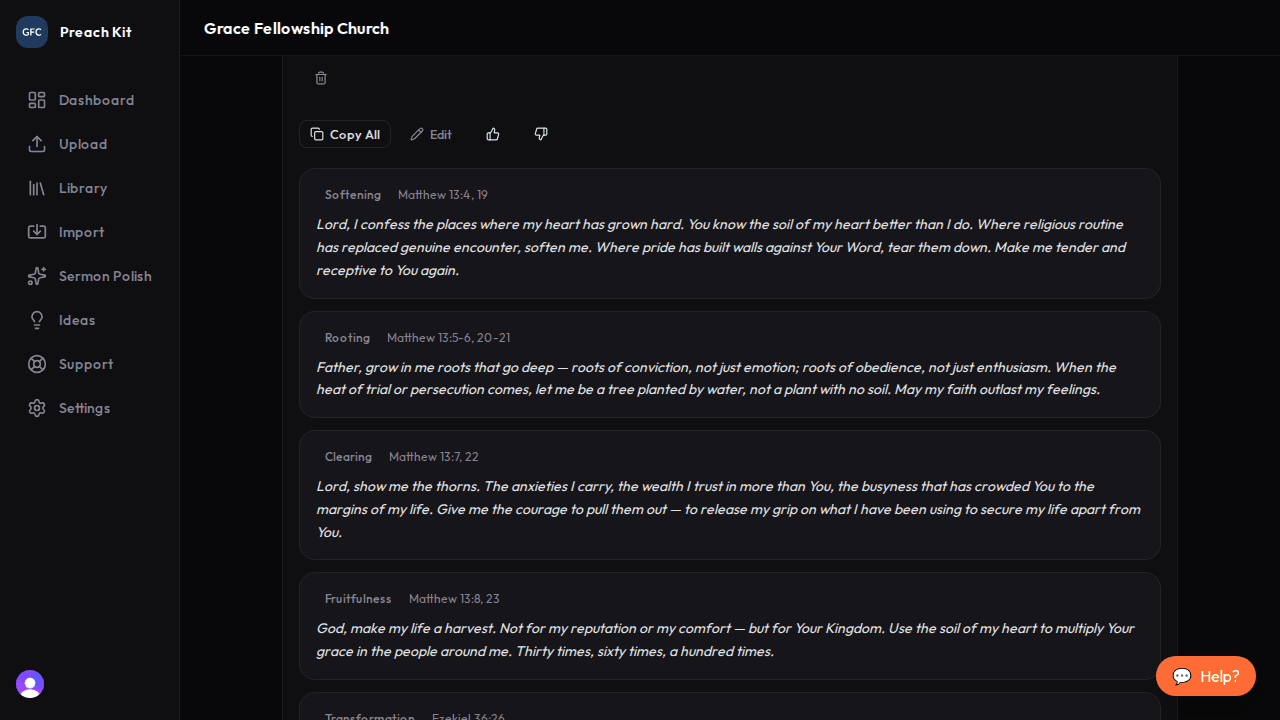 Prayer prompt cards showing theme, scripture, and prayer text