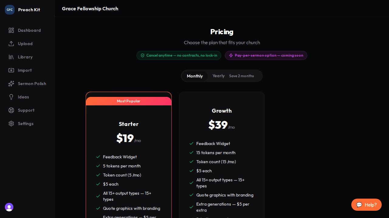 The pricing page showing Free, Starter, and Growth plan cards