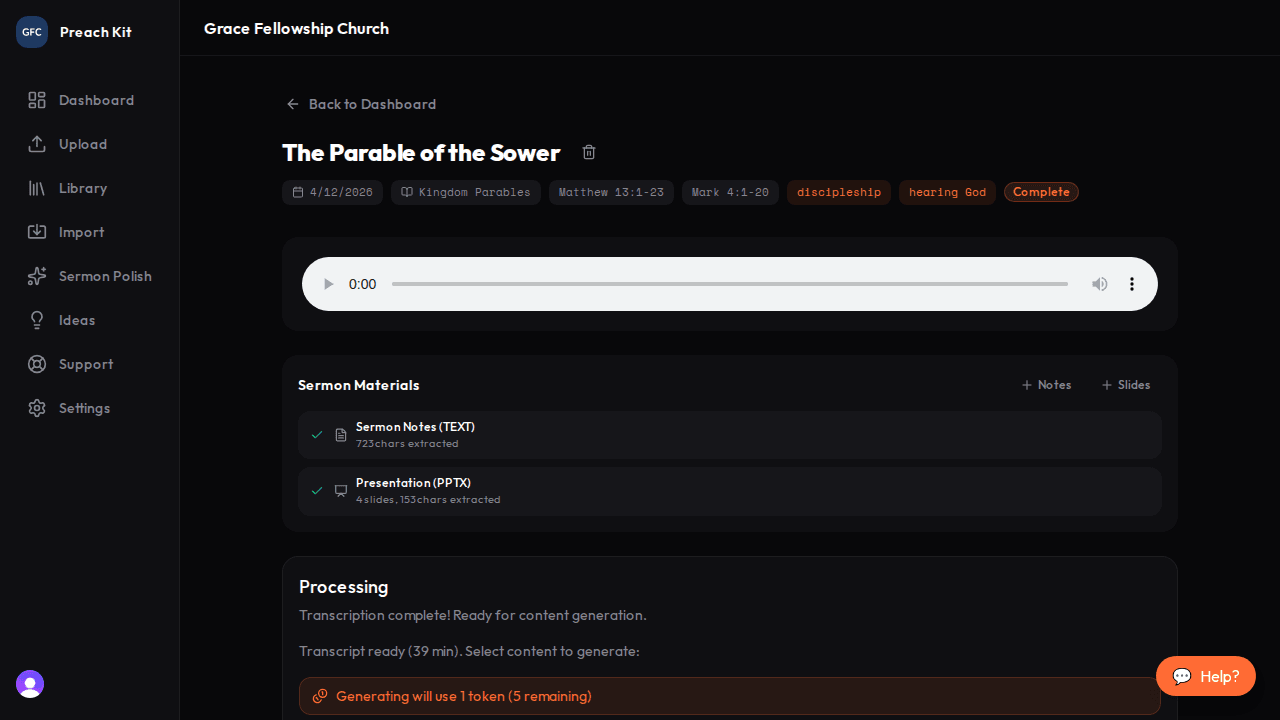 The sermon detail page showing the audio player, status badge, and content output cards