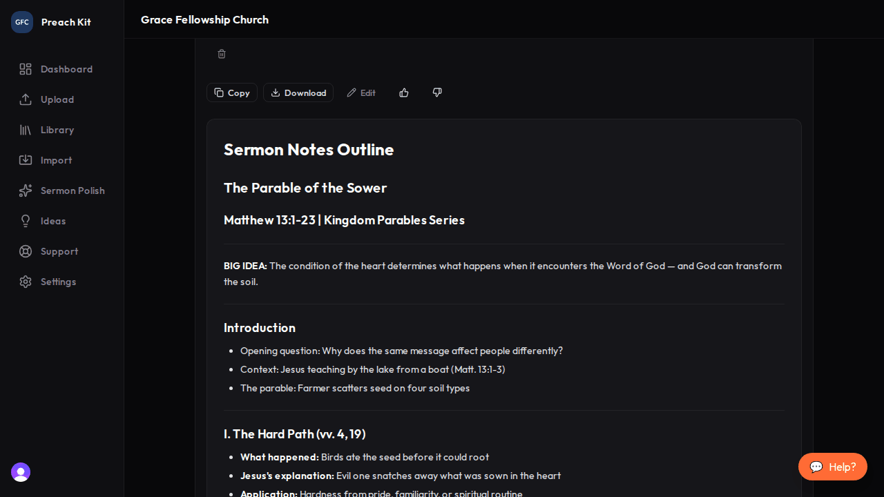 The sermon outline showing Roman numeral headings, sub-points, and fill-in-the-blank blanks