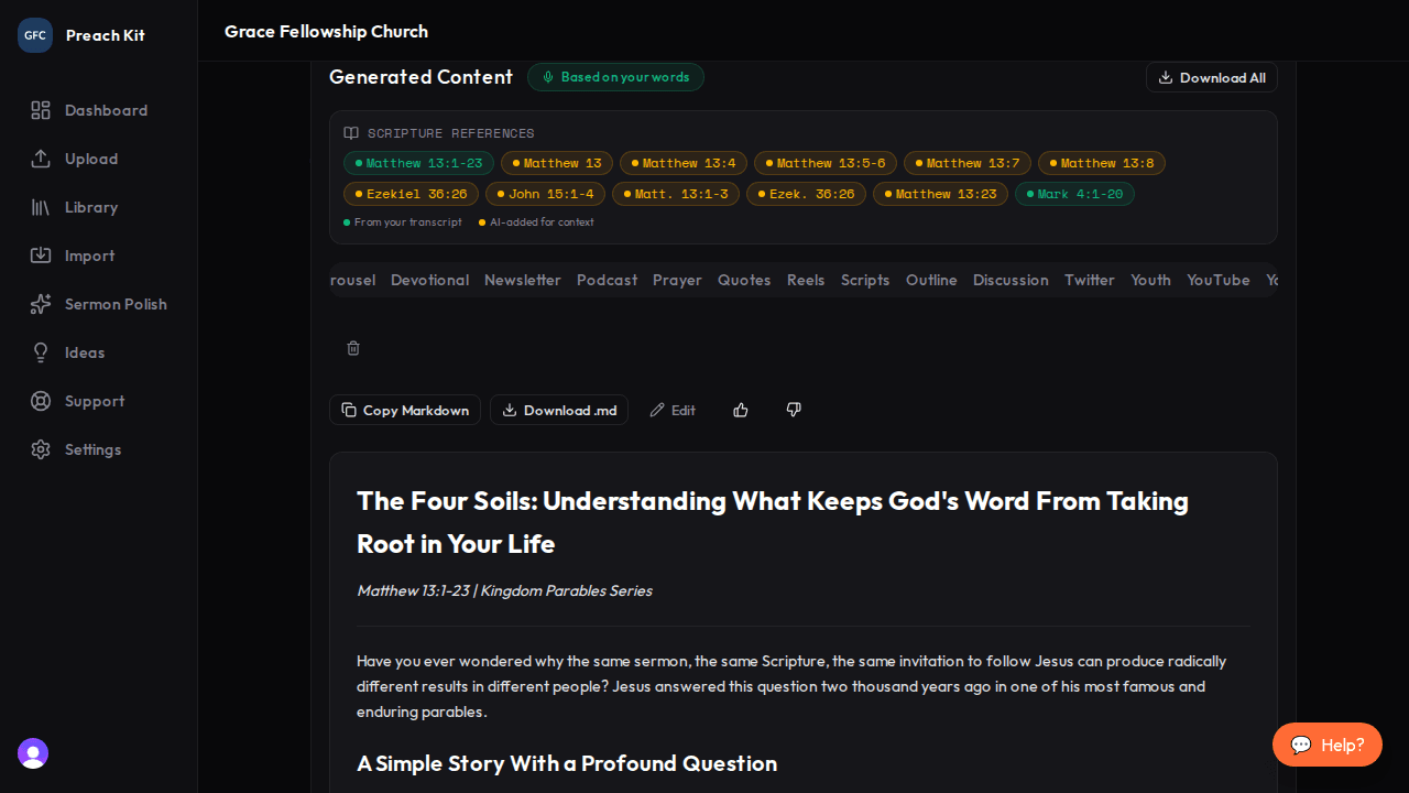 The sermon page showing finished content cards with Copy and Download buttons