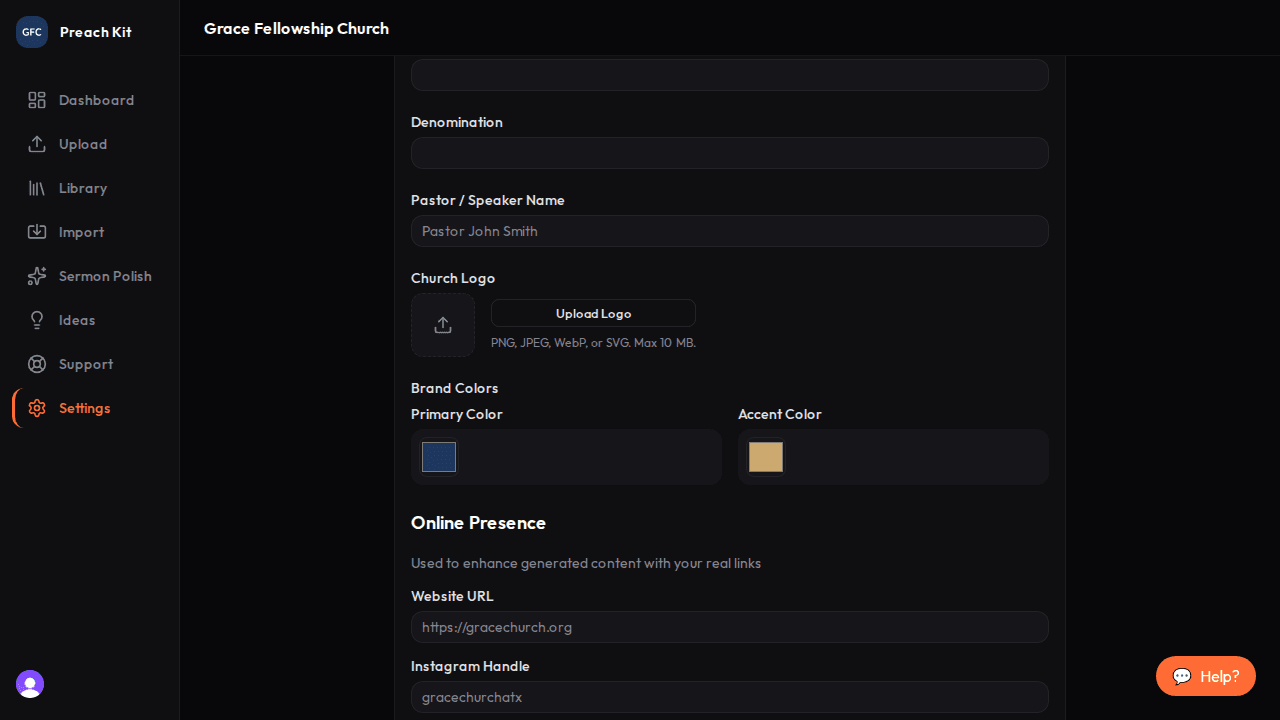 The Branding tab showing two color pickers for primary and secondary colors