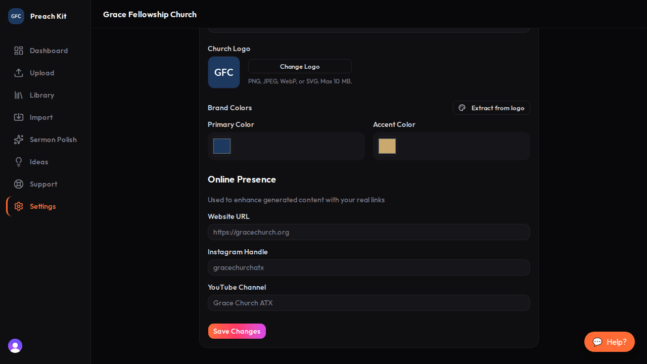The logo upload area showing a preview of an uploaded logo and an 'Extract colors' button