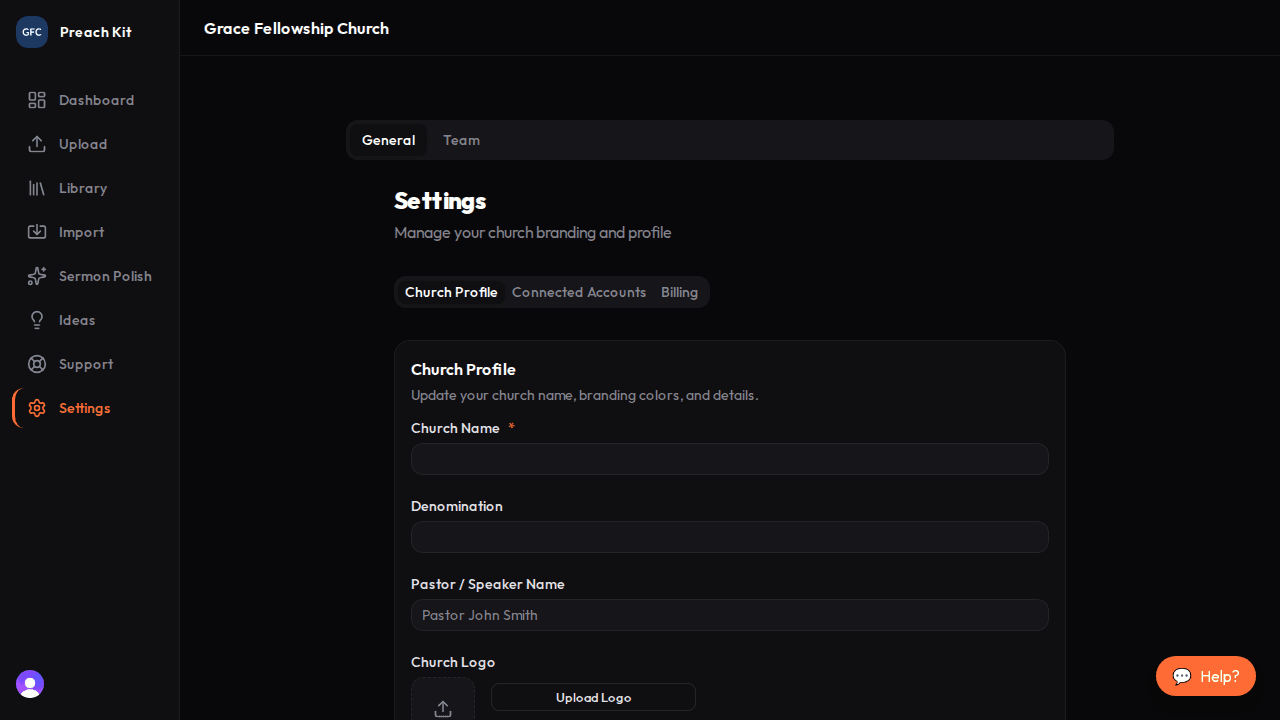 The Settings page showing the Profile, Branding, Accounts, and Billing tabs