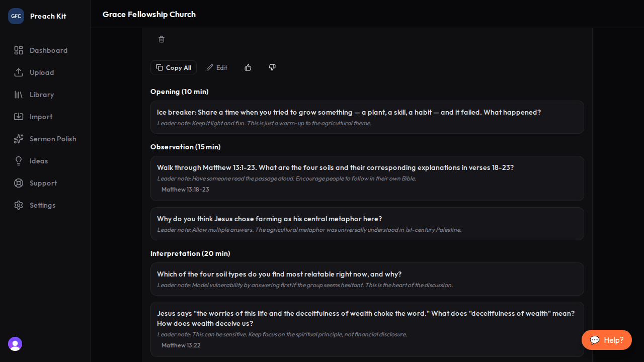 Discussion guide with section headers and questions showing leader notes