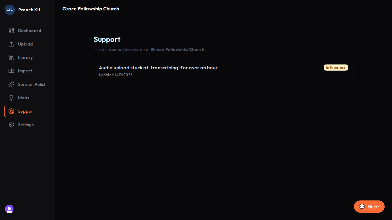 The Support page showing a list of tickets with titles, statuses, and last-updated dates
