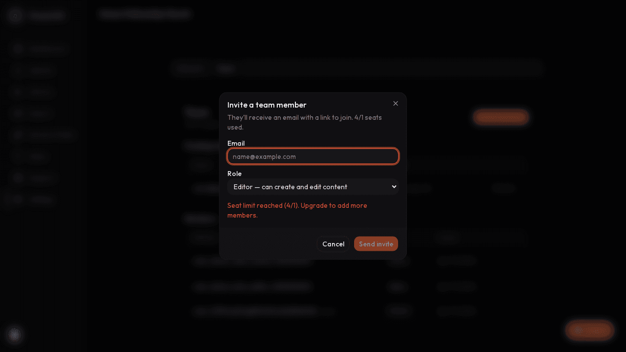 The Invite a team member dialog with an email field and role selector