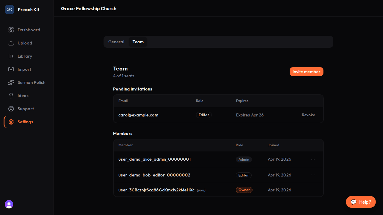The Pending invitations table showing email addresses, roles, and expiry dates