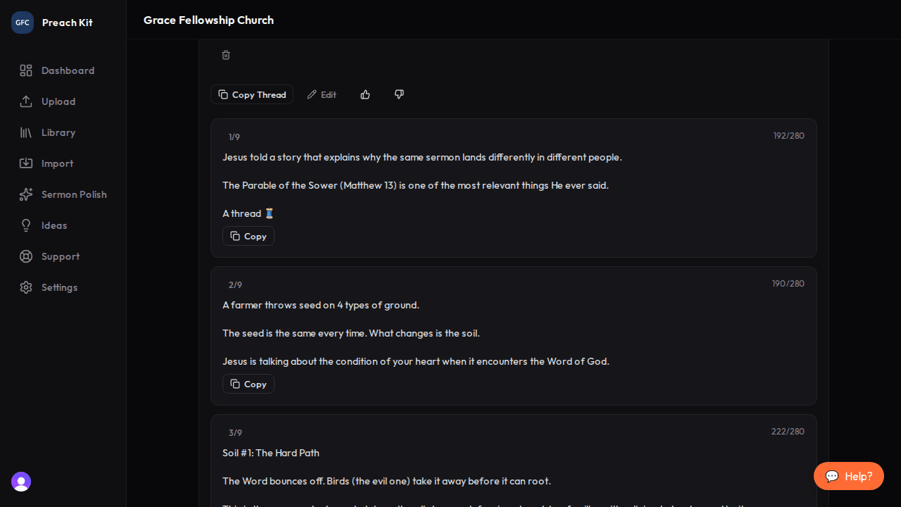 Tweet cards with text and character counts below each one