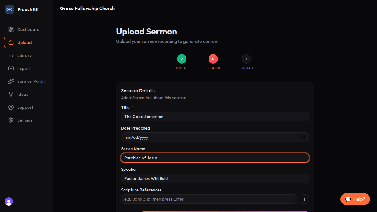 The Sermon Details form with labeled fields for title, date, series, speaker, and scripture