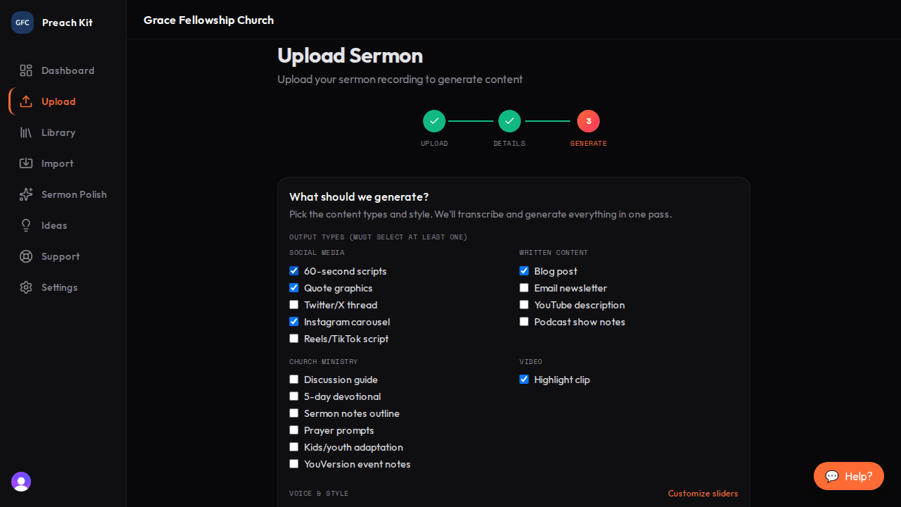 The Generate step showing a grid of output type checkboxes and a prominent Generate button