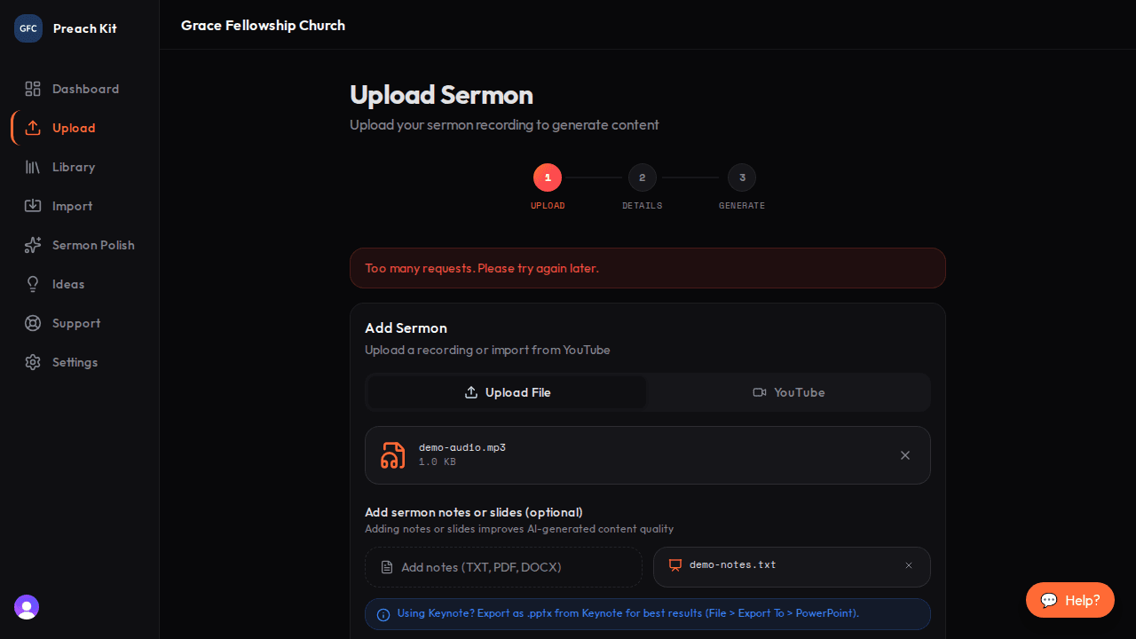The notes card showing a filename and a green 'Uploaded' badge