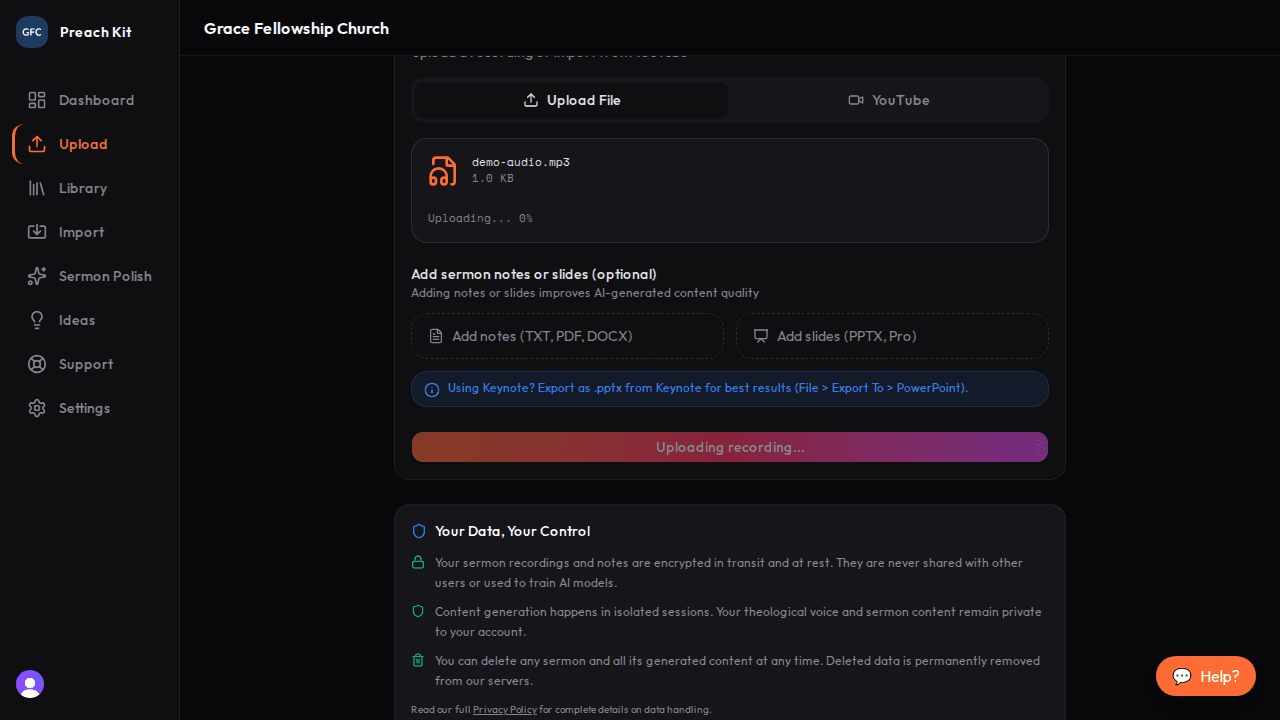 A blue info box explaining how to export a Keynote file as PPTX