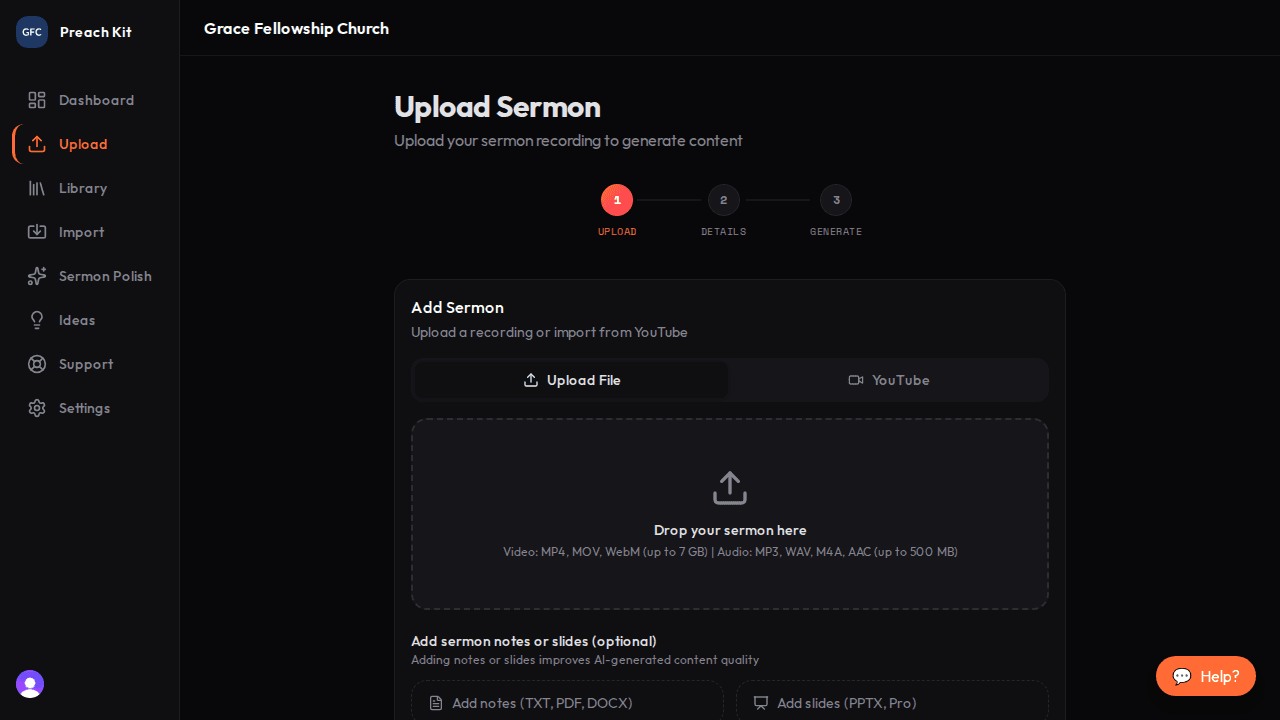 The upload form showing a dashed drop zone and a YouTube tab
