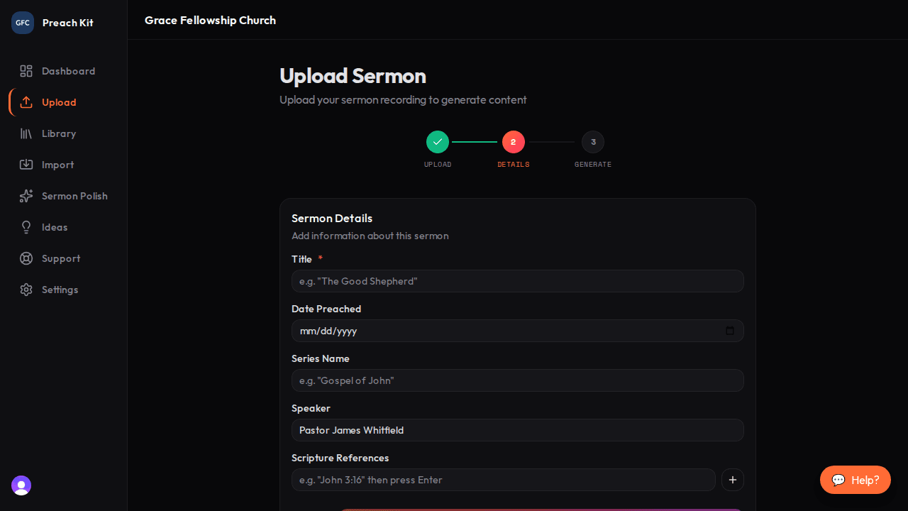 The Sermon Details form with title, date, series, speaker, and scripture fields