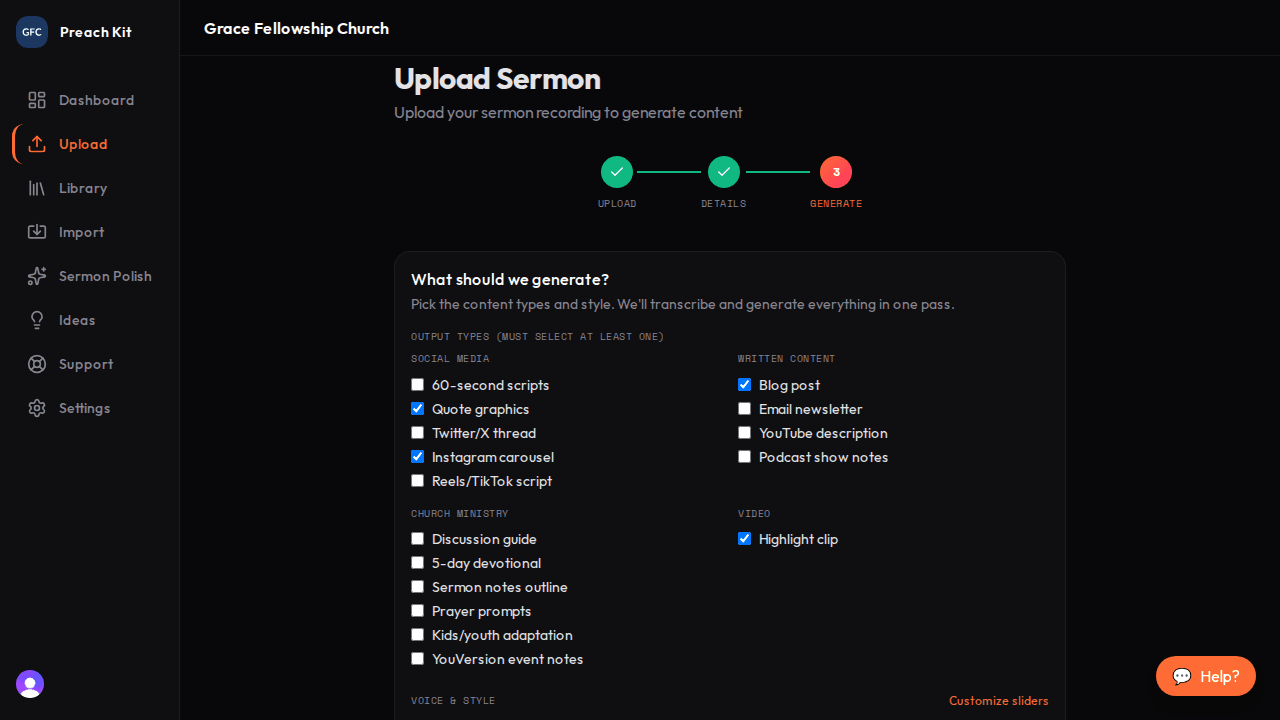 The Generate step showing output type checkboxes and a Generate button