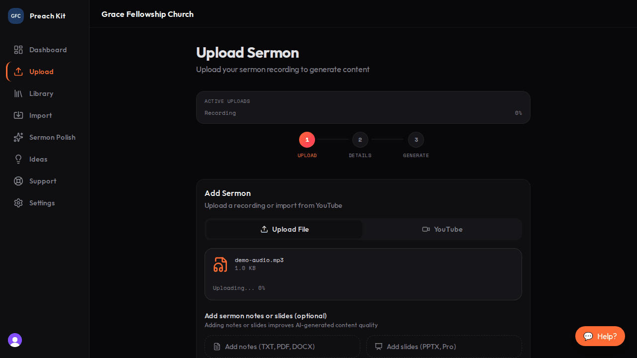 Two dashed upload areas side by side labeled 'Add notes' and 'Add slides'
