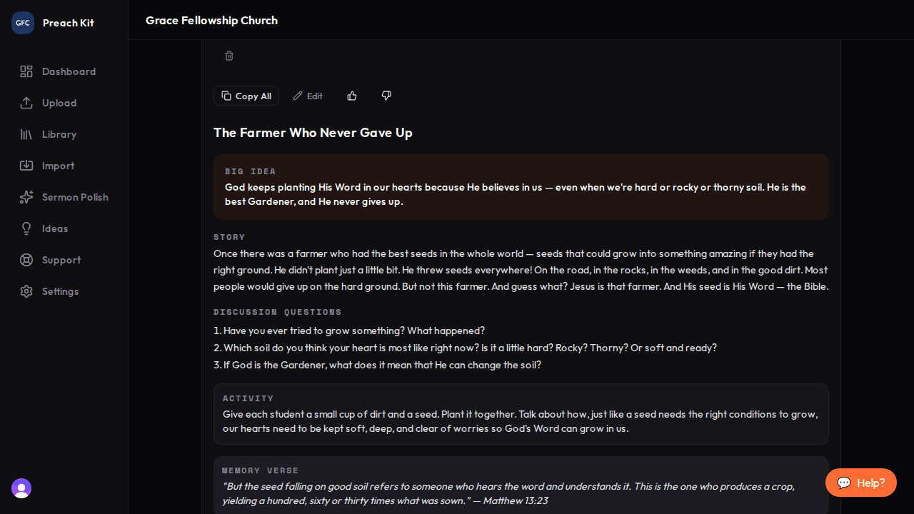 Youth adaptation viewer showing Big Idea, story, questions, activity, and memory verse sections