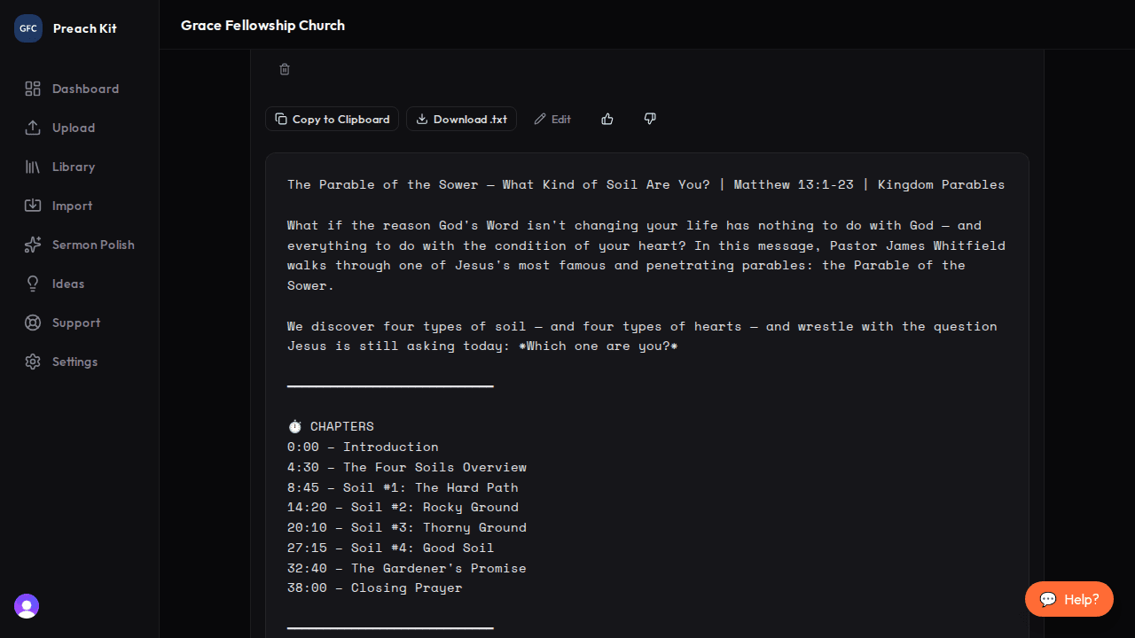 The YouTube description with chapter markers and scripture list visible