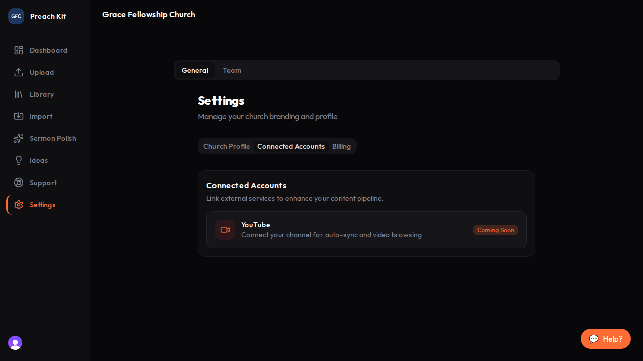 The Connected Accounts tab in Settings showing the YouTube connection card