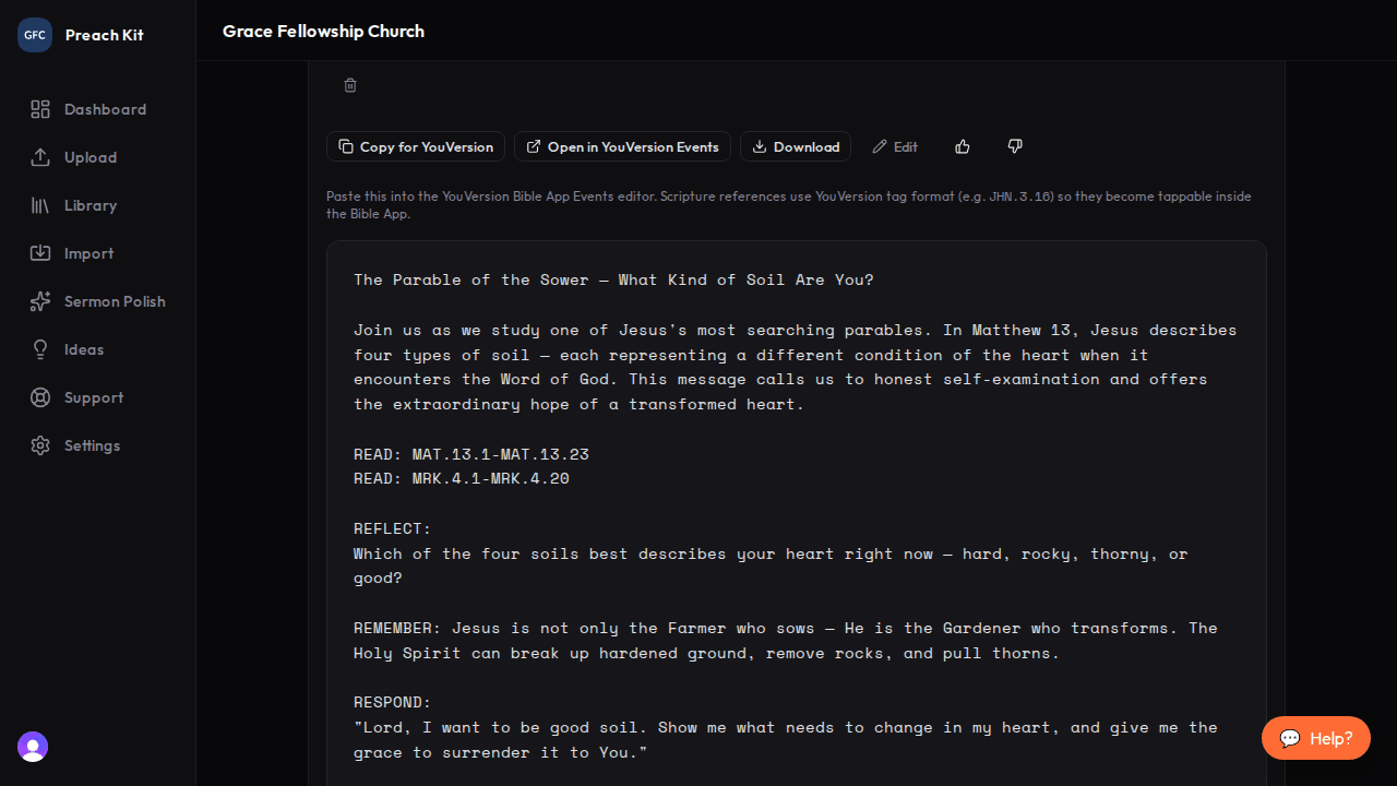 YouVersion event notes showing scripture tags, main points, and reflection questions